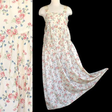 Vintage 30s Floral Print Nightgown, Pink Tiered Satin Nightie, Size M Medium 