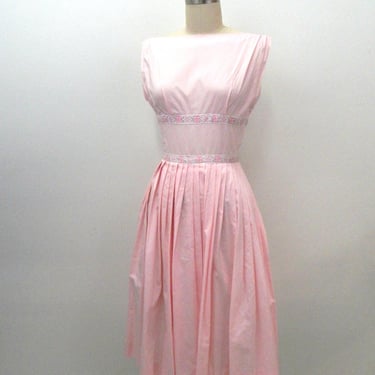 Vintage 1950s Day Dress | Pale Pink  Low Cut  Back Dress | Size Extra Small 