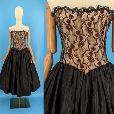 Vintage 80s Gunne Sax Jessica McClintock XS Strapless Lace Prom Dress - Eighties XS Formal Dress with Poofy Skirt - Costume Cosplay 