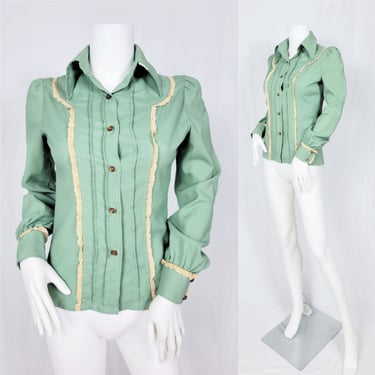 San Francisco Shirt Works 1970's Pistachio Green Poly Ruffle Front Blouse I Shirt I Top I Sz Sm 