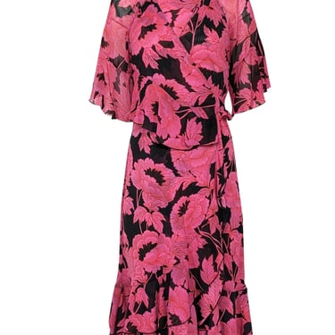Diane von Furstenberg - Pink & Black Cropped Sleeve Floral Wrap Midi Dress Sz S