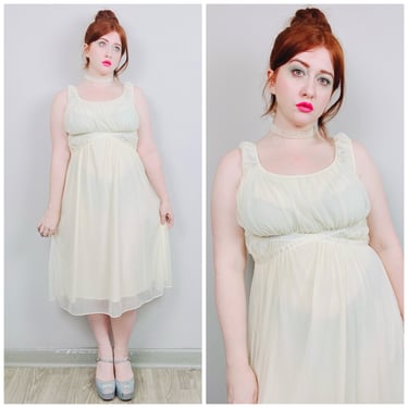 1960s Vintage Miss Siren Lemon Chiffon Nylon Nightgown / 60s / Sixties Grecian Buttercream Fit and Flare Slip / Size Small 