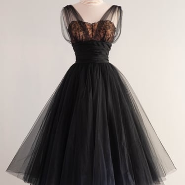 Stunning 1950's Black Illusion Lace Cocktail Party Dress By de Michel Originals / Small