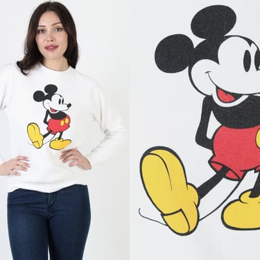 Vintage 80s Mickey Mouse White Sweatshirt, Disney Cartoon Character Jumper, Raglan Mens Womens Medium M 