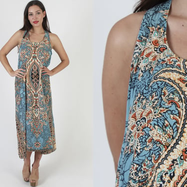 Loose Fitting Batik Dashiki Tent Dress, Vintage 70s Tribal Print Summer Sundress, Resort Wear Metal Zipper Beach Cover Up 