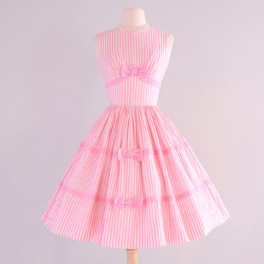 Cutest 1950's Bows & Stripes Pink Cotton Dress / Sz XS
