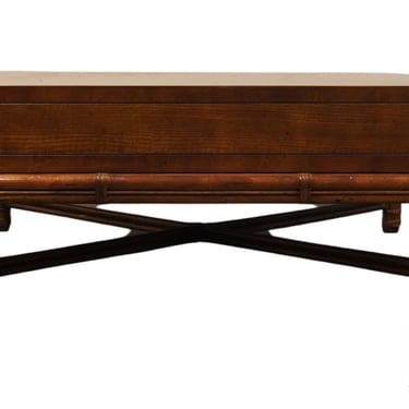 HENREDON FURNITURE Asian Inspired Bookmatched Walnut 44" Square Accent Coffee Table w. Faux Bamboo 