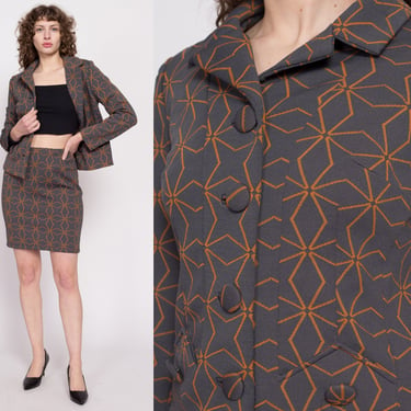 60s 70s Star Print Blazer & Mini Skirt Set - Medium | Vintage Collared Jacket Two Piece Suit Outfit 