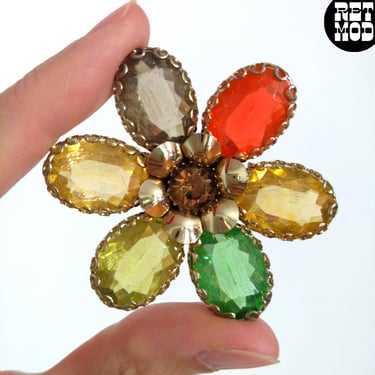 Beautiful Vintage 70s Fall Colors Rhinestone Flower Brooch 