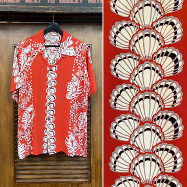 Vintage 1950’s Underwater Print Seashell Vertical Rayon Hawaiian Shirt, 50’s Atomic Color, Vintage Clothing 