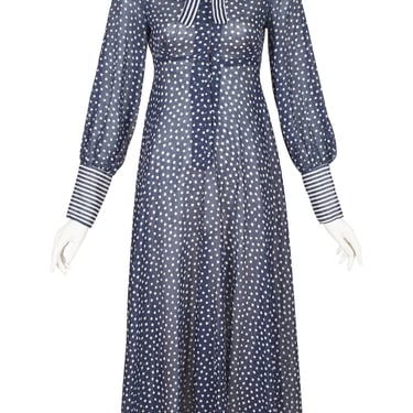 Jean Varon 1970s Vintage Polka Dot Navy Cotton Voile Collared Maxi Dress Sz XS 