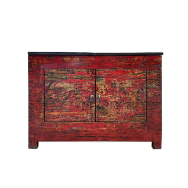 Chinese Vintage Brick Red Distressed Flower Graphic Side Table Cabinet cs7473E 