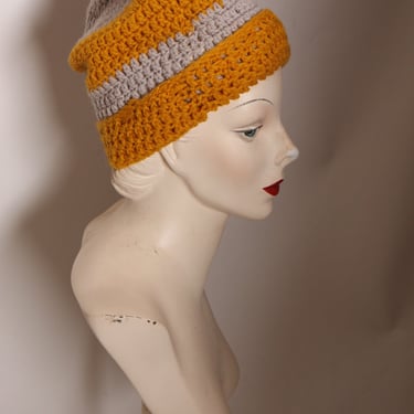 1970s Handmade Crochet Yellow Orange and Beige Knit Winter Stocking Cap Hat 