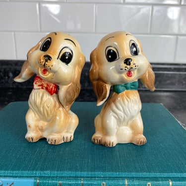 Vintage Perky Brown Cocker Spaniel Dogs w/Bows Salt & Pepper Shakers | Commodore Japan Squeaker Set | Anthropomorphic Kitsch Puppies | Large 