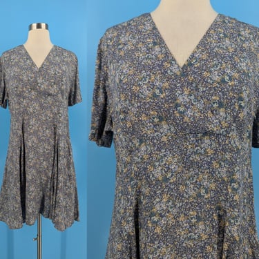 Vintage Nineties Laura Ashley Purple Floral Short Sleeve Dress - 90s Rayon Empire Waist Short Dress 