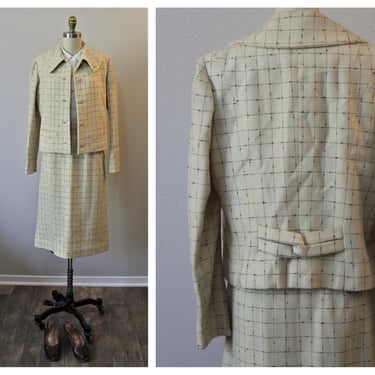 Vintage 40s 1940s Vanilla Cream Brown Tweed Dress suit skirt jacket set     // Modern Size US 4 6 Small 