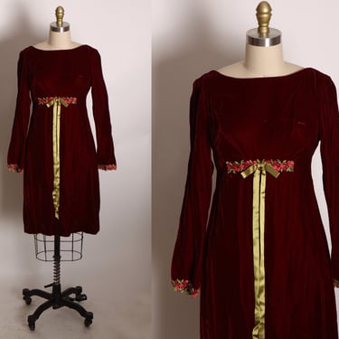 1960s Burgundy Deep Red Velvet Long Sleeve Floral Trim Cuff Empire Waist Bow Detail Mini Dress -S 