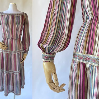 Vintage 60s-70s Long Sleeve Striped Pastel Prairie Dress by Joy's Boutique Size XS/S | Cottage Core, Western, Ranch, Silky, Gypsy, Boho 
