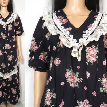 Vintage 80s Rose Print Hawaiian Muumuu Dress Made In Hawaii Size S/M 