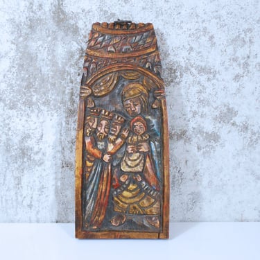 Mid Century Bas Relief Wood Carving of Madonna and Child and Three Kings 