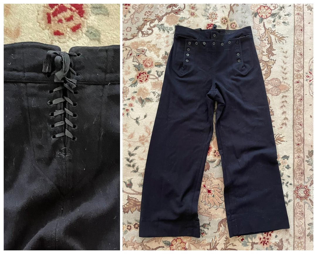 Navy blue wool sailor uniform pants, wide leg with button