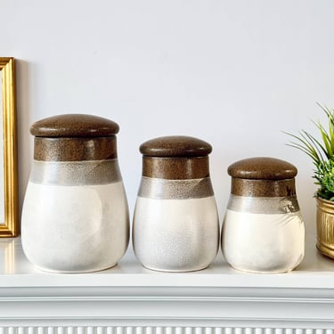 Vintage 80s Sierra Japan Fine Stoneware 3 Canisters Set, Retro Mushroom Shape Brown Neutral Vintage Kitchen Cookie Jars, Dry Goods Storage 