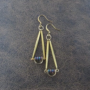 Gold minimalist earrings, industrial earrings, pendulum earrings, multicolor 