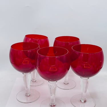 Vintage set of 5  Large Ruby Red Glass Wine Balloon Goblets Clear Stem 11 Oz. 8.5” Chip Free 