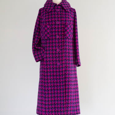 Fabulous 1960's Brilliant Houndstooth Jewel Tone Wool Coat / large