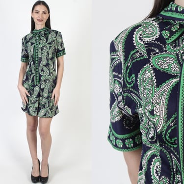 60s Go Go Scooter Dress, Twiggy Short Mod Frock, Vintage Green Paisley Mod Mini 