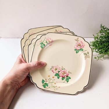 4 Vintage Homer Laughlin Pink Rose Salad Plates/C33/Century Platinum Trim/French Country English Cottage Garden Cottage Core Art Deco/Easter 