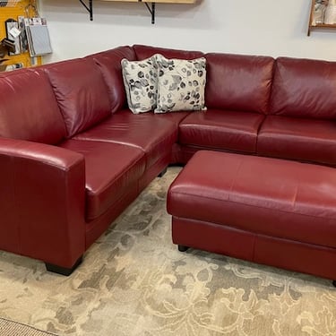 Sectional Sofa and Ottoman<br />Cherry Red Leather<br />W 90 and 90 x D 36 x H 17