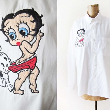 90s Betty Boop Embroidered Button Up M  - Vintage 1990s White Collared Button Down Shirt Betty Boop Novelty Shirt 