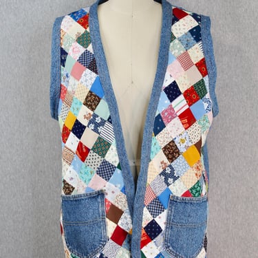 1980s 1990s Quilt Patchwork Vest - Cottage Core - Denim Patchwork Vest 
