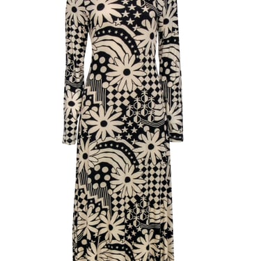 Farm - Black & Cream Floral Geo Print Long Sleeve Maxi Dress Sz M