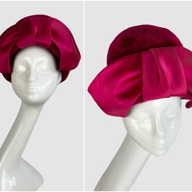 SCHIAPARELLI SHOCKING PINK Vintage 60s Hat | 1960s Fuzzy Fur Wool Felt Cloche with Big Satin Bow | 50s 1950s, 20s Style Mid Century Designer 
