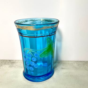 Antique NORTHWOOD Blue Glass Paneled Tumbler Hand-Painted Grapes & Vine, Flared Top 8oz 