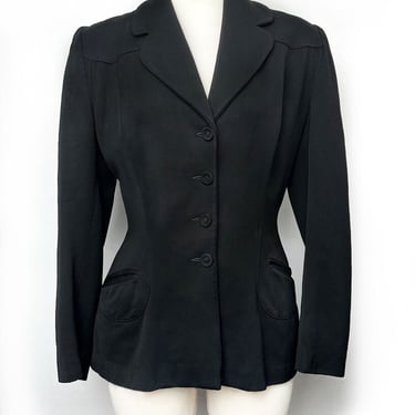 40's Black Suit Jacket Vintage Betty Jean 1940's, 1950's Mid Century Gabardine Wool Fitted Blazer 