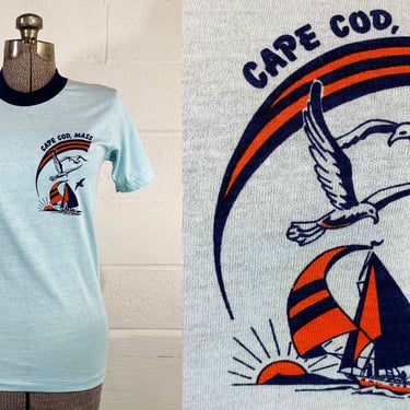 Vintage Ringer Tee Cape Cod Souvenir T-Shirt Baby Blue Shirt Short Sleeve Single Stitch 80s 1980s 70s 1970s Small 