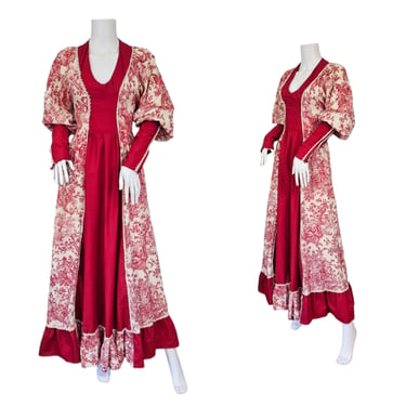 Gunne Sax 1970's Red And Cream Toile Print Maxi Dress I Sz Med I Sz 11 I Juliette Sleeves 