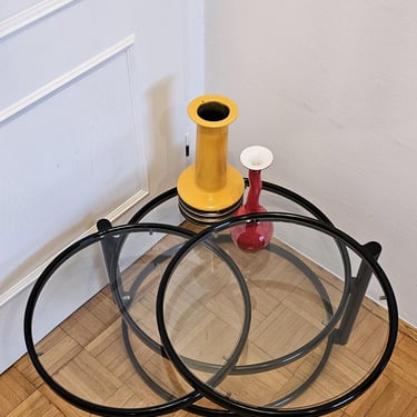 Vintage Milo Baughman Still MCM Tubular Coffe Table/ Swivel Tier Ciffe Side Table/ Tubular Metal Frame and Round Glass Table/ Black Table 