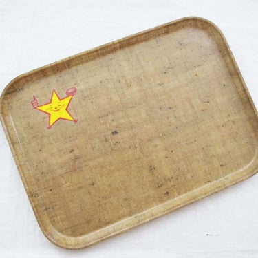 Vintage 60s Carls Jr Hardees Serving Tray - SiLite Chicago Fiberglass Beige Rattan Rectangle Tray - 1960s Fast Food Hamburger Dining Tray 