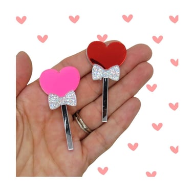 Valentine's Day Heart Lollipop Hair Clip - Acrylic Mirrored Candy Barrette 