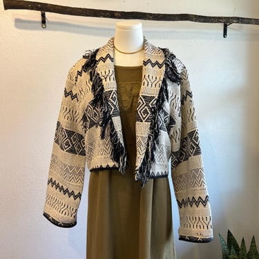 Flashback 90s Western Cotton Fringe Trim Cropped Open Collared Jacket Size Large 