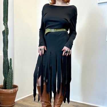 Vintage 1970s Dress / 70s Tarquin Ebker Jersey Dress w/ Fringe Hem / Black ( S M ) 