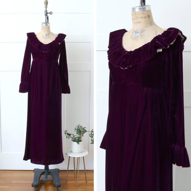 vintage 1970s purple velvet maxi dress • empire waist long sleeve velveteen & lace prairie dress 