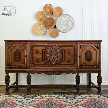 Vintage Jacobean Sideboard Buffet – Restored Finish – Read ENTIRE Listing for Shipping – Ornate Antique Cabinet 