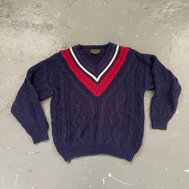 Size Medium Vintage 90s Croft & Barrow V Neck Knit Cotton Sweater Mens Blue Red Thick Chunky Warm Knit Preppy Ivy Leage 