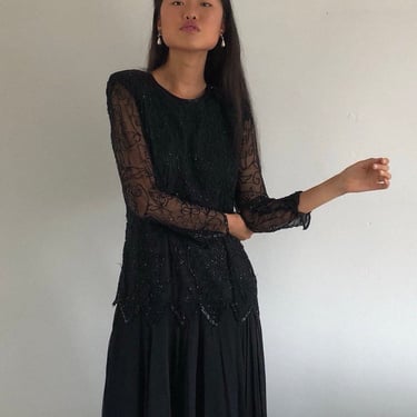 80s beaded silk maxi dress / vintage black sheer silk chiffon overlay beaded dropped waist maxi cocktail hostess dress | Medium 