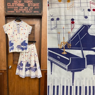 Vintage 1950’s Cotton Atomic Musical Notes Piano Novelty Rockabilly Blouse & Skirt Two Piece Outfit, 1950’s 2 Piece Set, Music Note Print, 